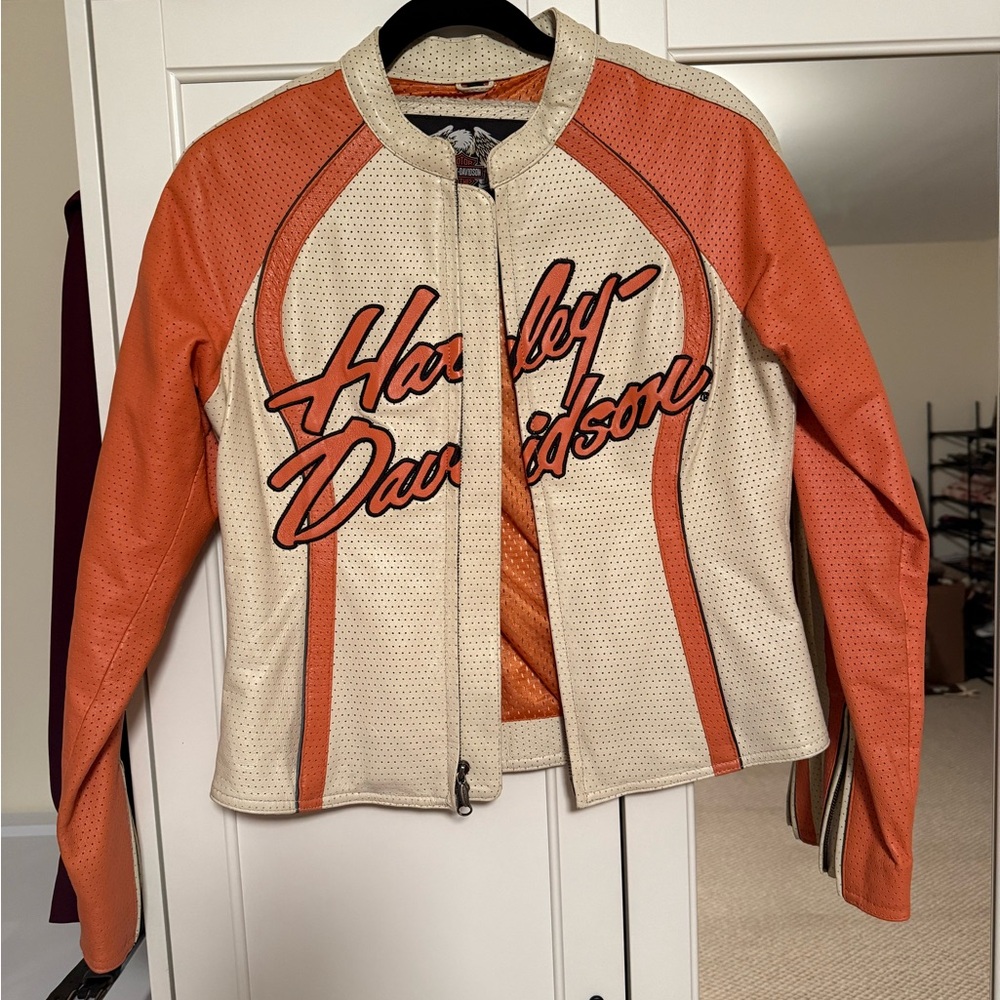 Harley-Davidson Women's Orange and Cream Bomber Jacket Size Small